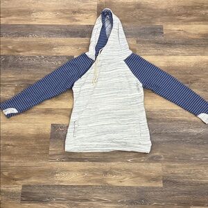 Striped Heathered Gray Hoodie with Blue and Pink Stripes Sleeves